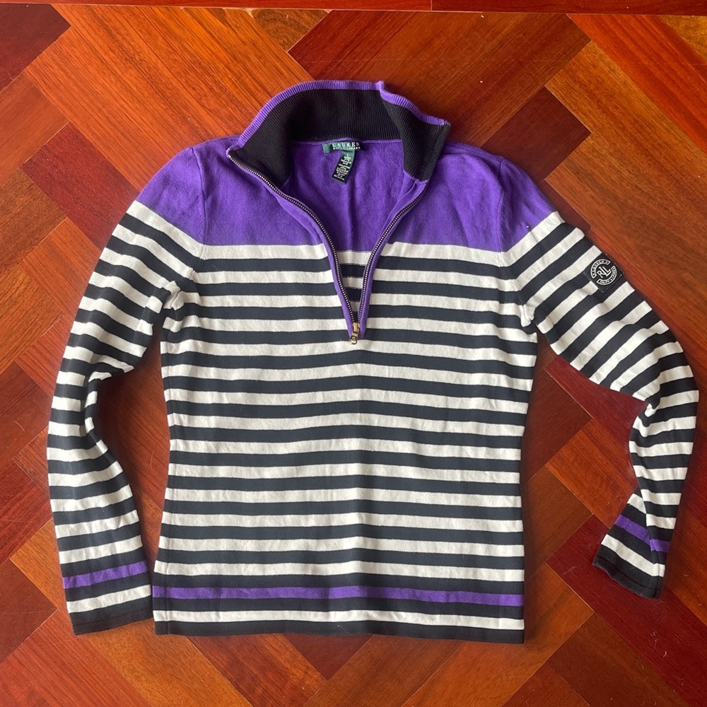 Ralph Lauren Purple and Black Striped Sweater Large